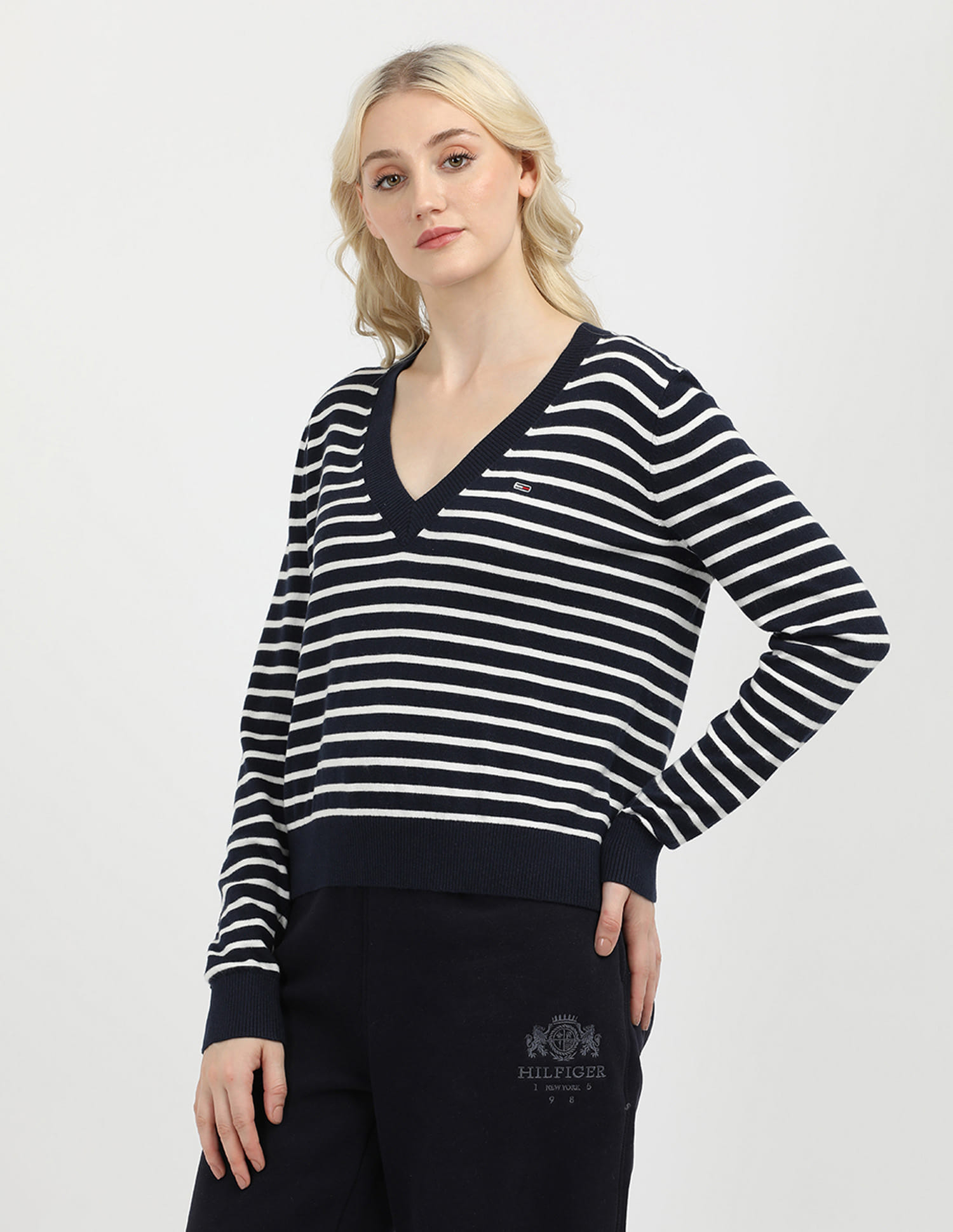 Buy Tommy Hilfiger Essential V Neck Horizontal stripes Sweater