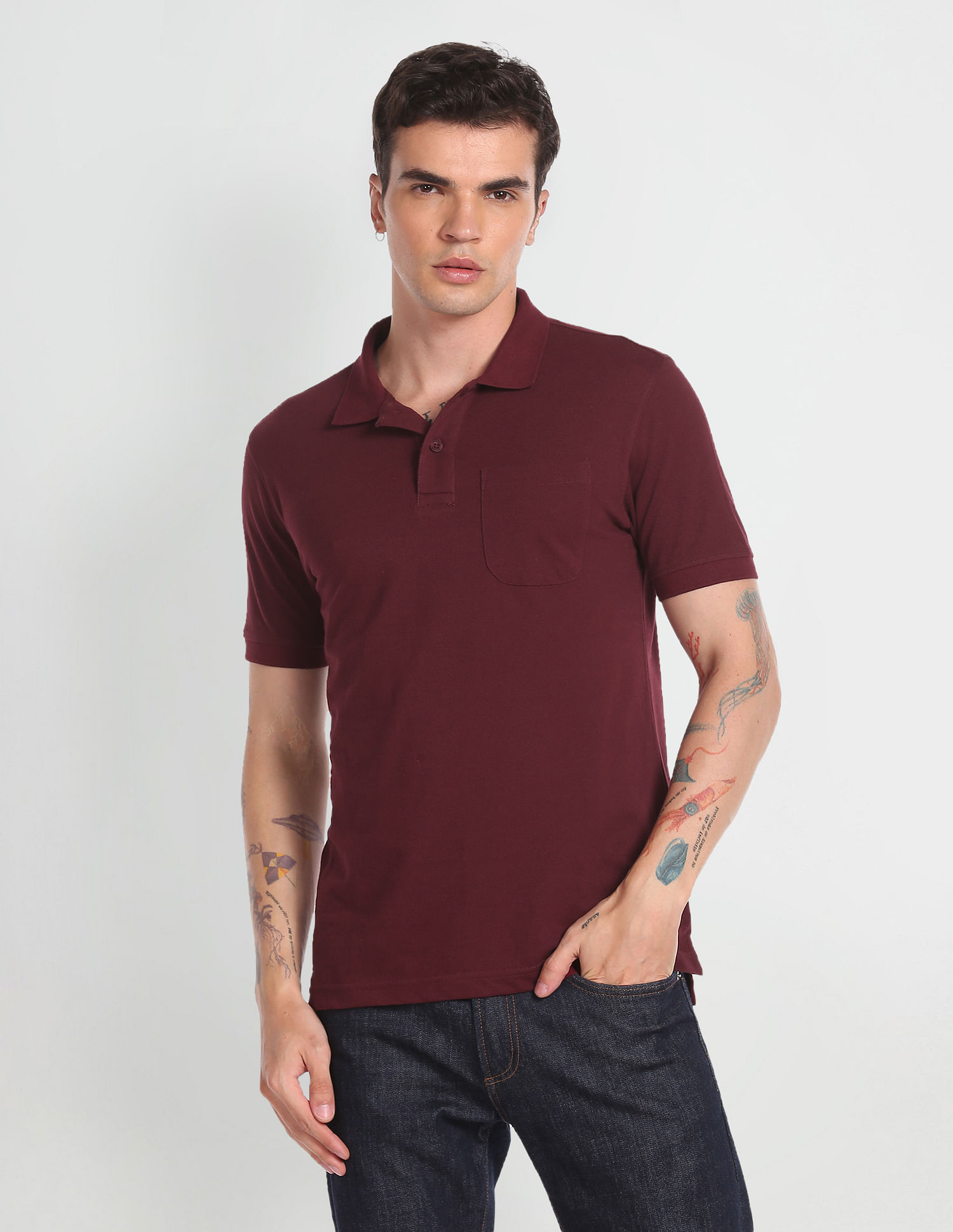 Flying Machine Solid Chest Patch Pocket Polo Shirt