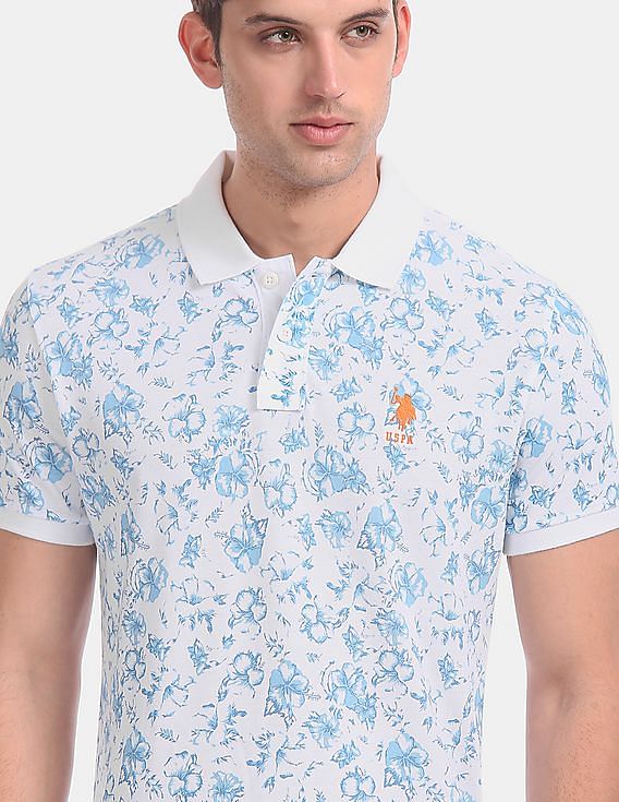 U.S. Polo Assn. White Allover Floral Print Pique Polo Shirt