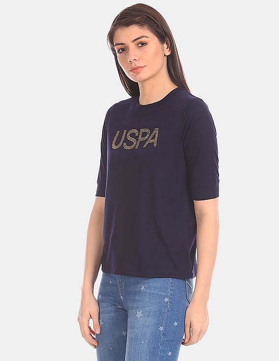U.S. Polo Assn. Women Blue Brand Embellished Round Neck T-Shirt