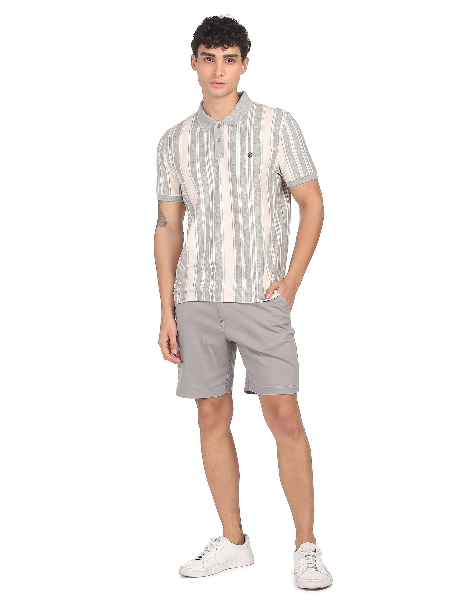 AD by Arvind Cotton Vertical Striped Polo Shirt