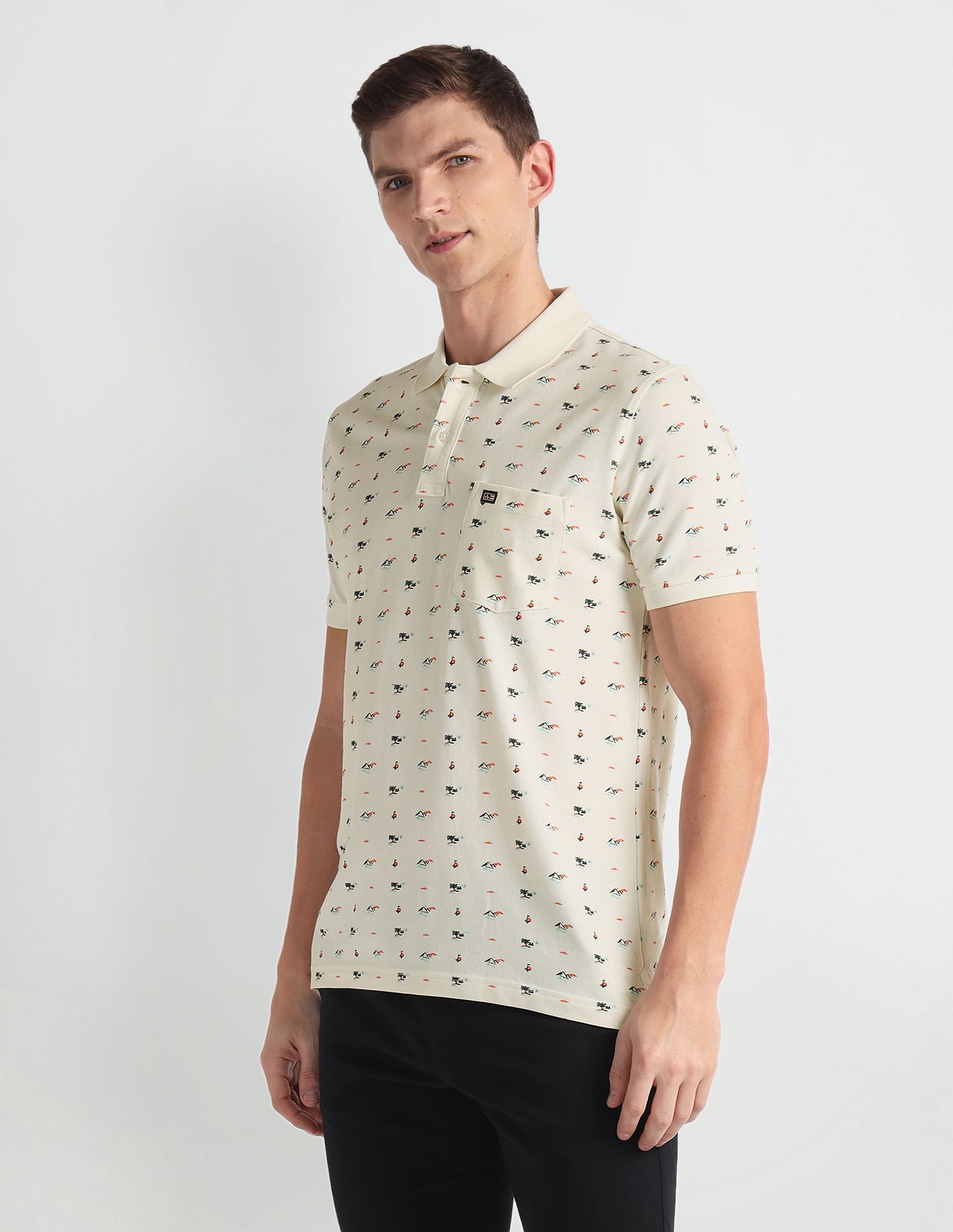 Arrow Sports Ribbed Collar Graphic Print Polo Shirt