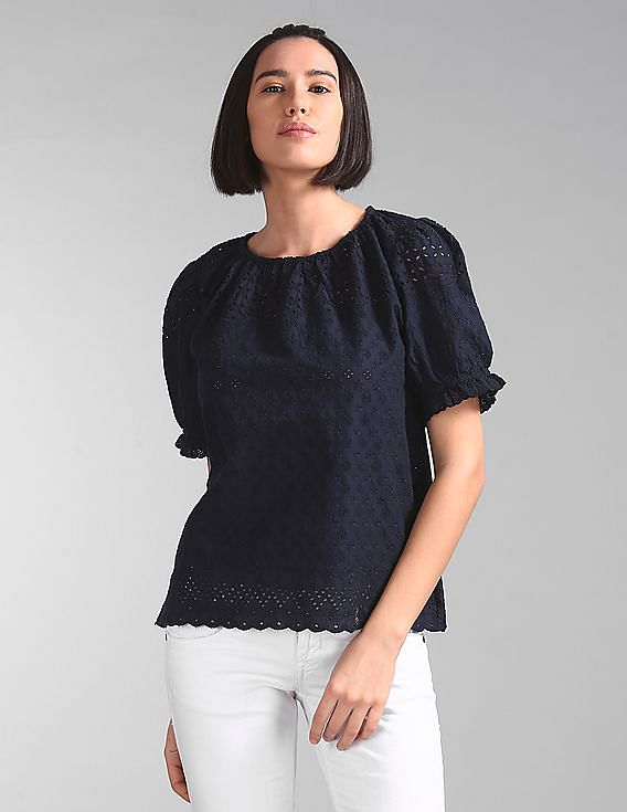 Buy GAP Women Blue Short Sleeve Eyelet Top - NNNOW.com