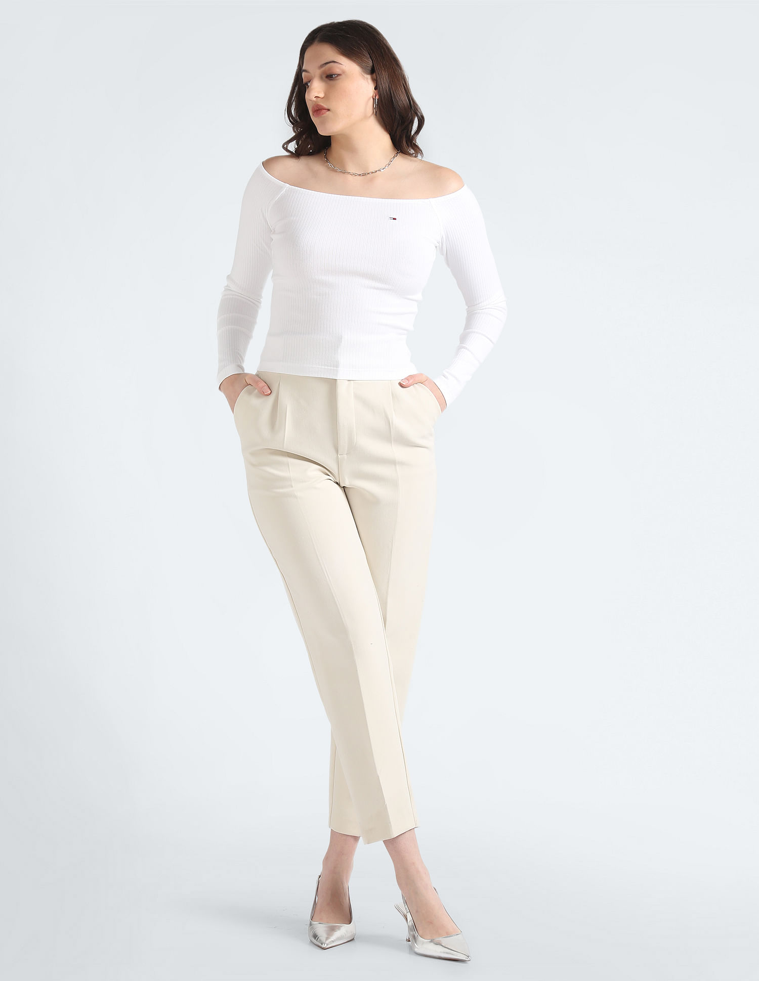 Tommy Hilfiger Slim Fit Ribbed Off Shoulder Top