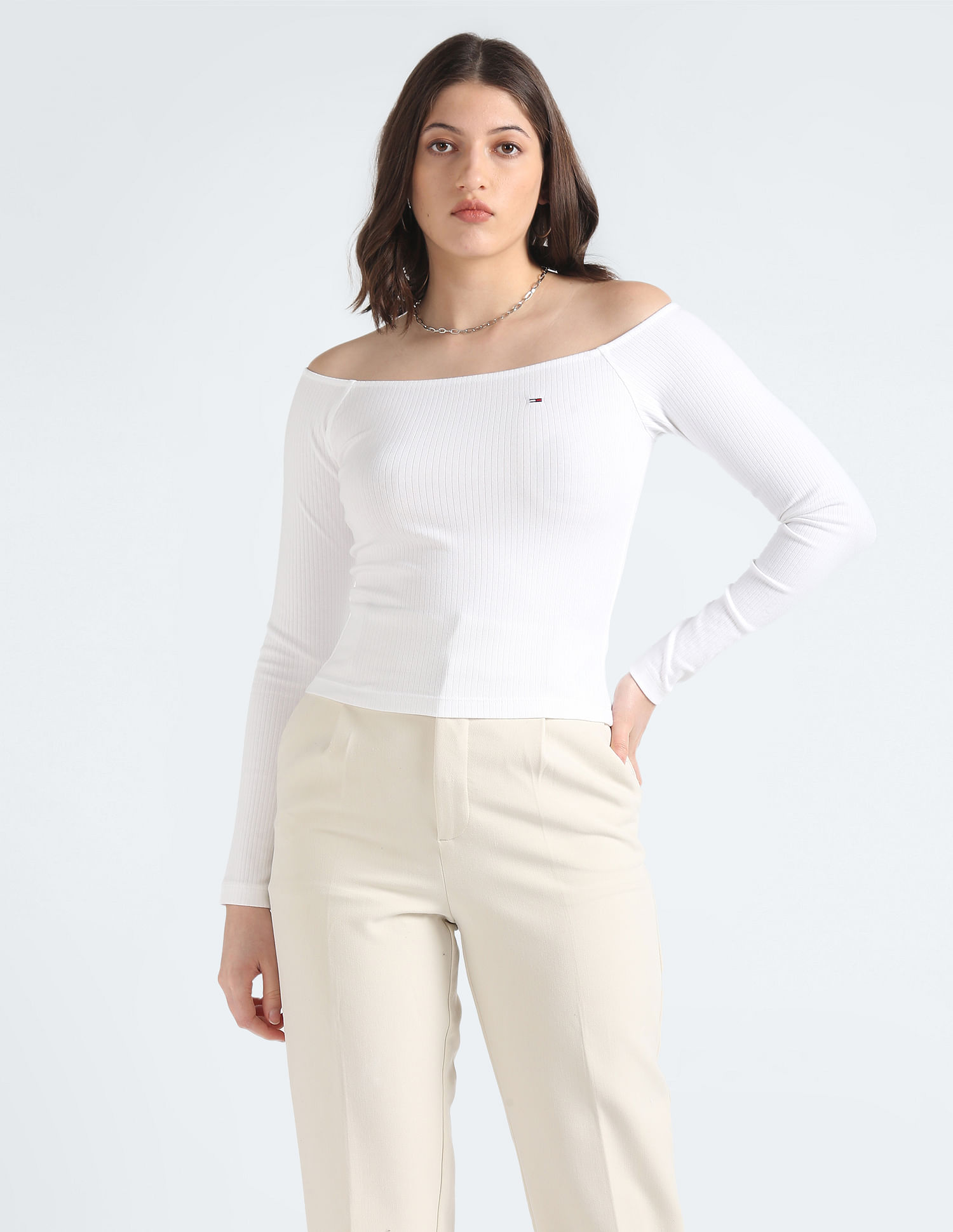 Tommy Hilfiger Slim Fit Ribbed Off Shoulder Top
