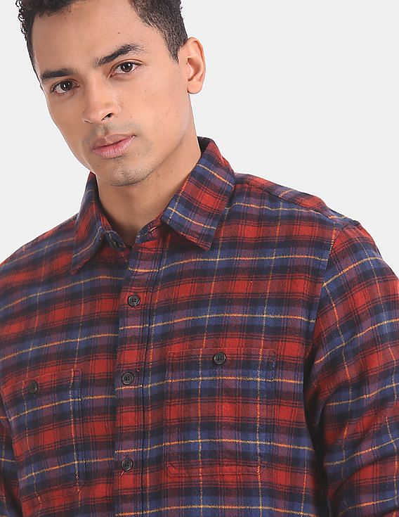 Buy GAP Men Red Rounded Cuff Casual Midweight Flannel Shirt