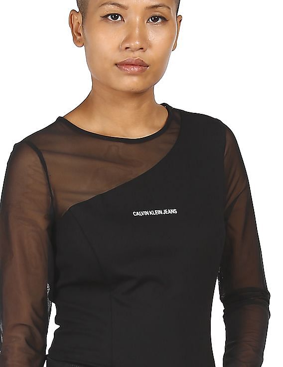 Buy Calvin Klein Women Black Mesh Long Sleeve Brand Print Top NNNOW