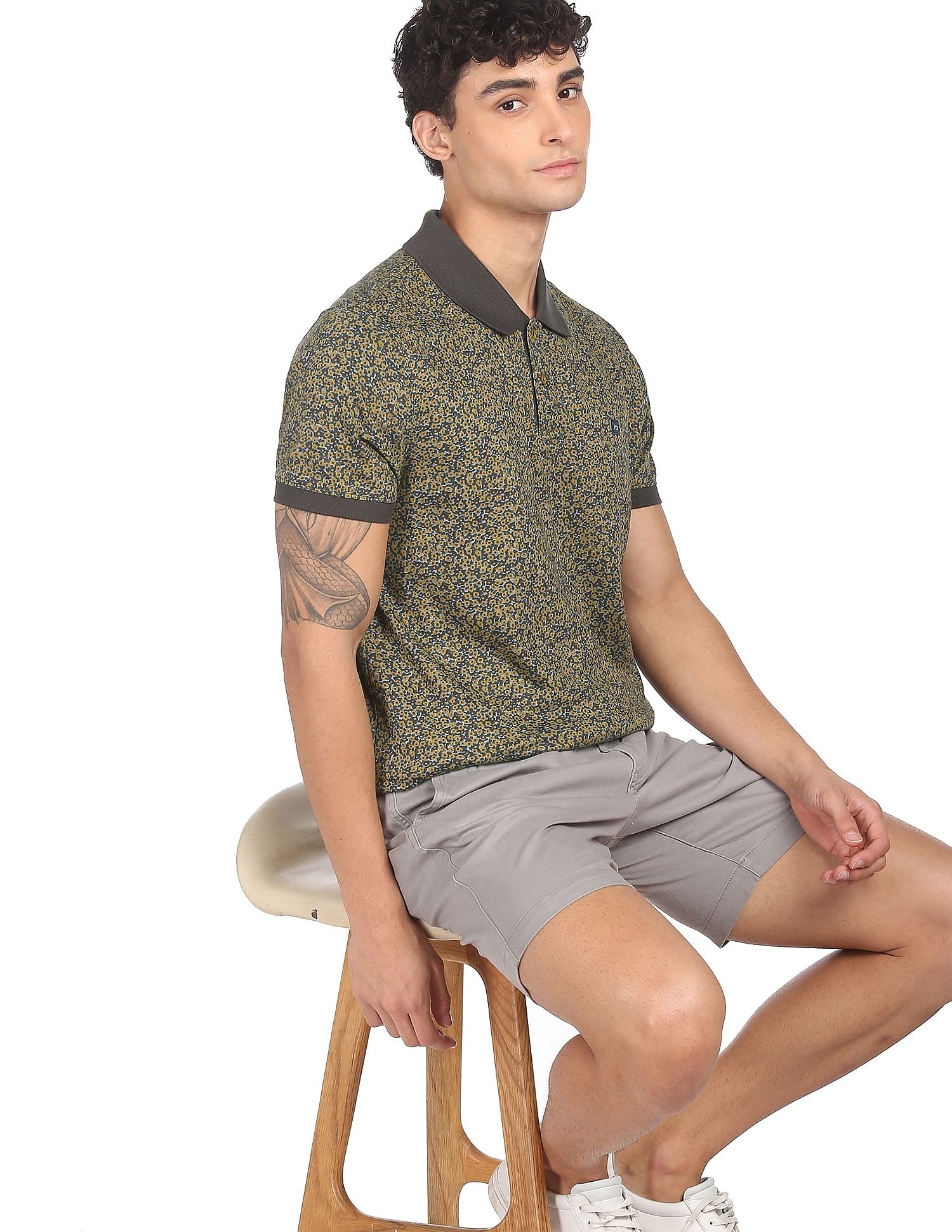 AD by Arvind Cotton Floral Printed Polo Shirt