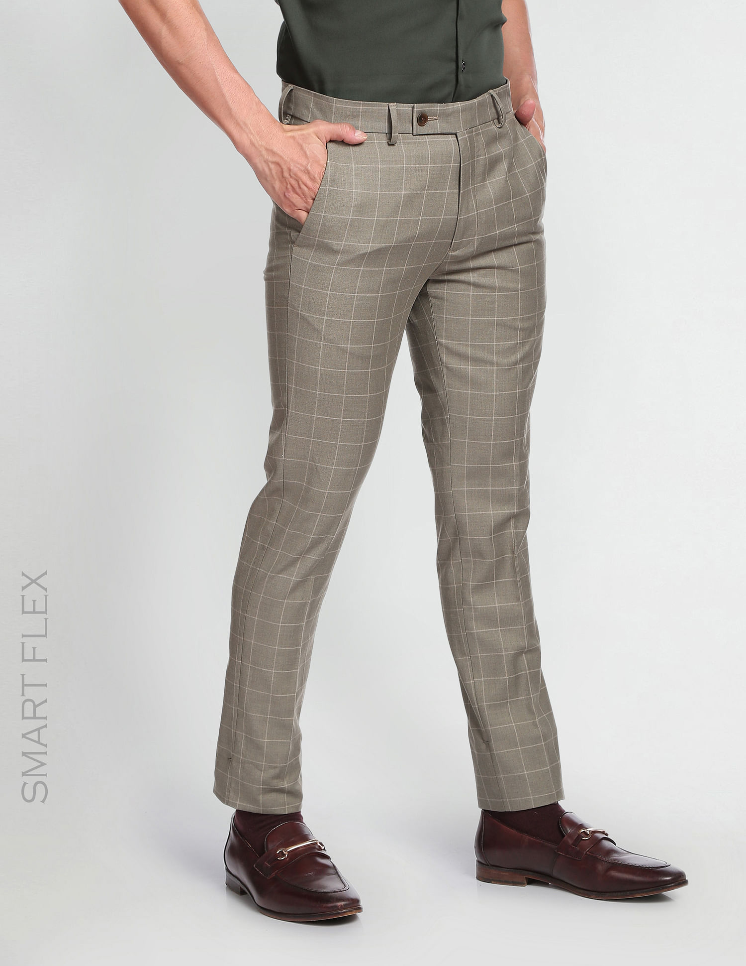 Buy Arrow Patterned Twill Check Auto Flex Grey Trouser online