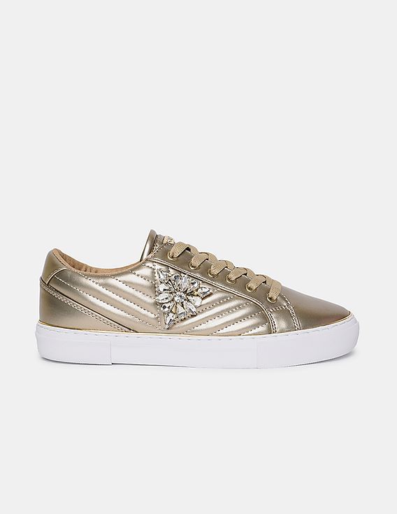 Buy GUESS Women Gold Stone Embellished Round Toe Sneakers Buy GUESS Women Gold Stone Embellished Round Toe Sneakers