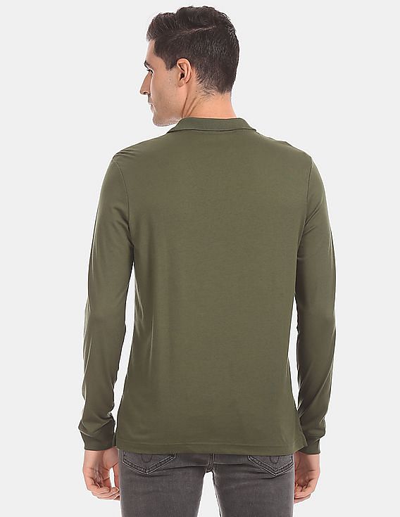 Calvin Klein Men Olive Long Sleeve Solid Polo Shirt