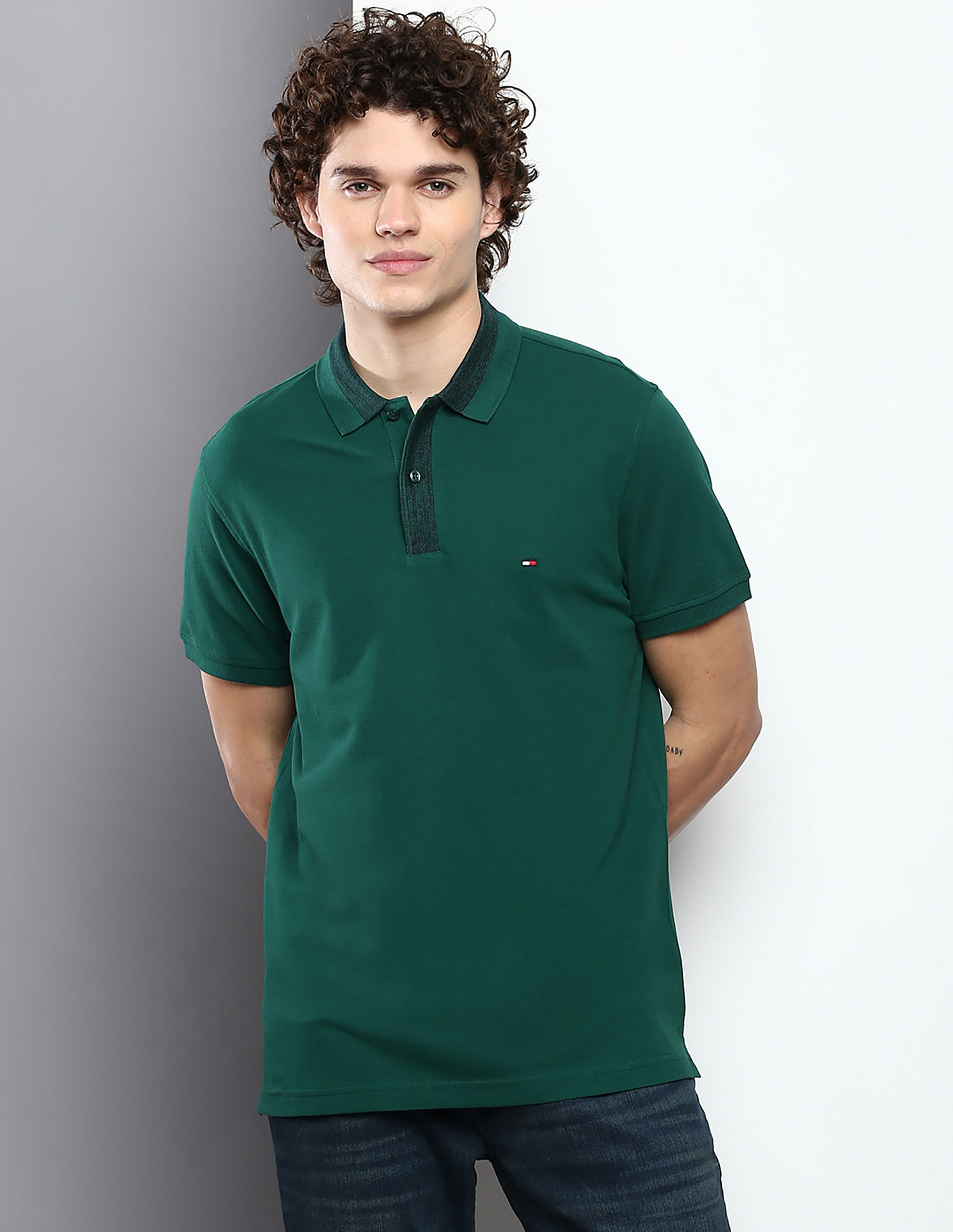 TOMMY HILFIGER Green Solid Polo Shirt Sz. Large Pique 100% Cotton