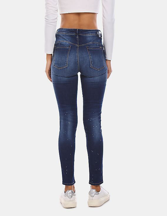 Flying Machine Women Blue Paint Splattered Twiggy Super Skinny Fit Jeans