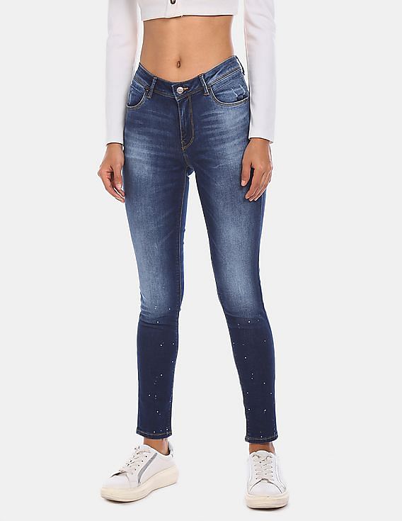 Flying Machine Women Blue Paint Splattered Twiggy Super Skinny Fit Jeans