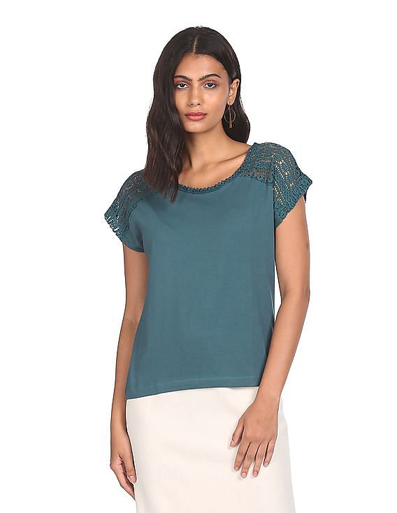 Aeropostale Women Teal Round Neck Crochet Insert Top