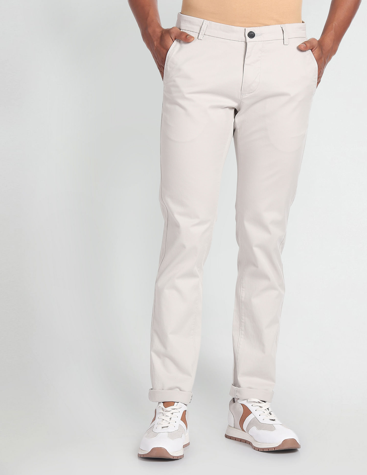 Bastoni Beige Slim Fit Linen Pants | BOJONI