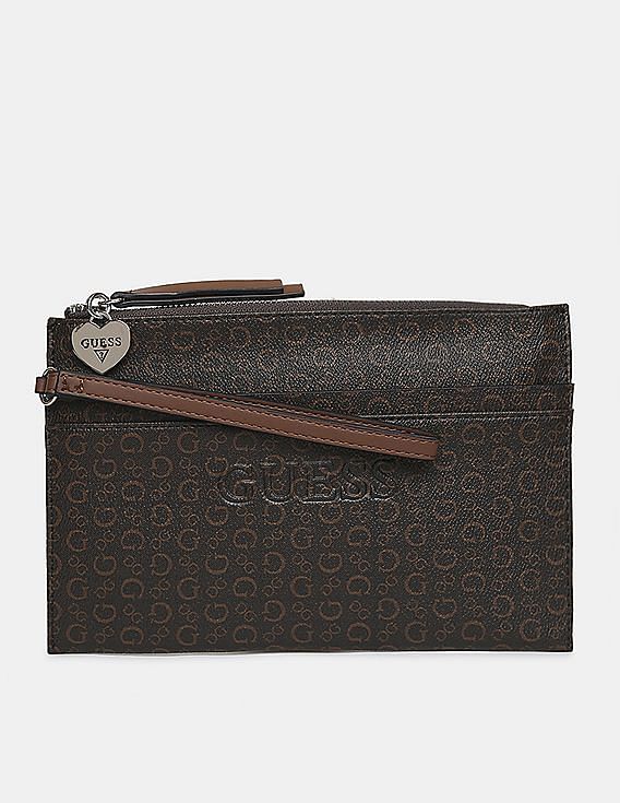 Buy GUESS Women Brown Monogram Printed Peak SLG Wristlet NNNOW