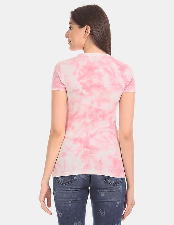 Aeropostale Women Pink Crew Neck Allover Dye Cotton Jersey T-Shirt