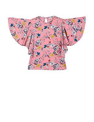 U S Polo Assn Kids Girls Pink Butterfly Sleeve Printed Top