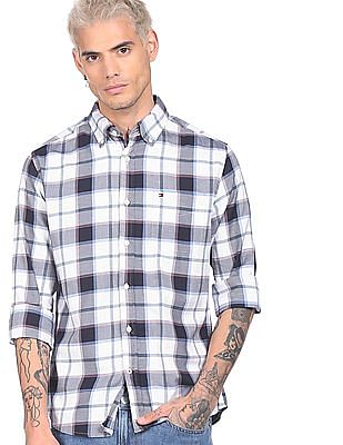 Tommy Hilfiger Men White Button Down Collar Check Casual Shirt