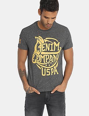 U S Polo Assn Men Charcoal Brand Print Heathered T-Shirt