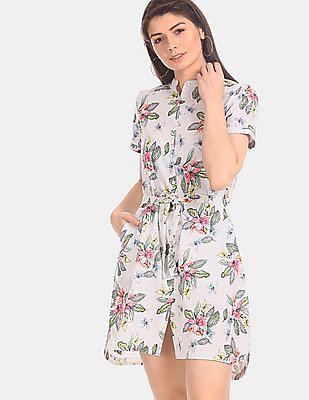 U S Polo Assn Women White Mandarin Neck Floral Print Shirt Dress