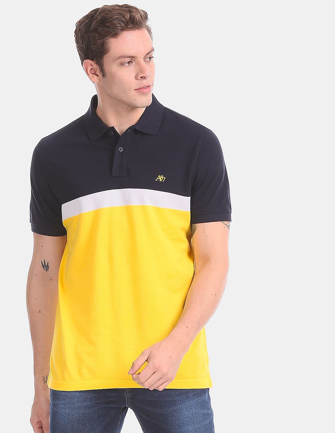 Buy Aeropostale Navy And Yellow Colour Block Pique Polo Shirt - NNNOW.com