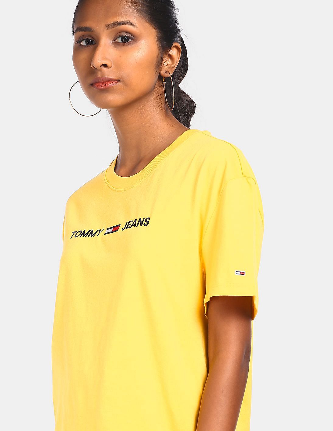 Buy Tommy Hilfiger Women Light Yellow Round Neck Logo Embroidered T Shirt NNNOW