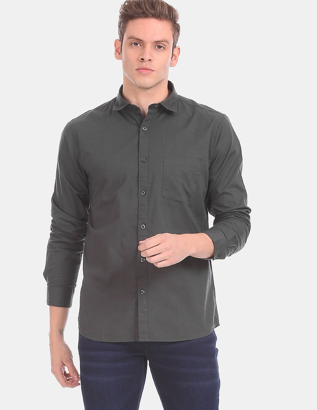 Buy Ruggers Grey Mitered Cuff Solid Casual Shirt - NNNOW.com