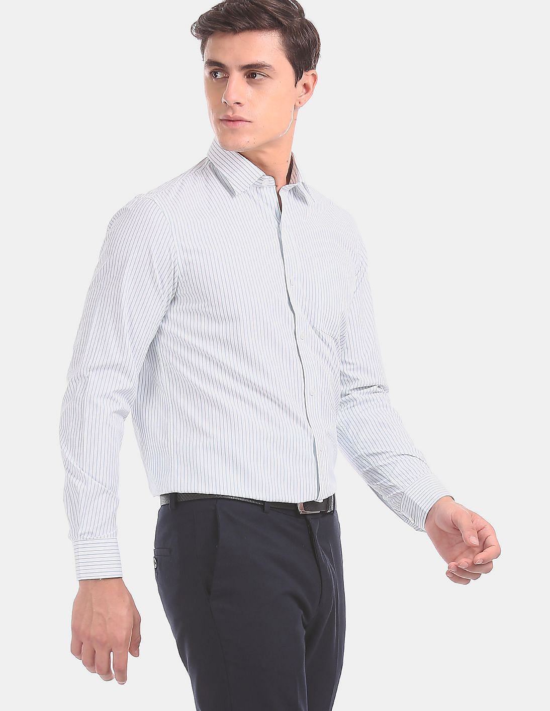 Buy Excalibur White And Teal Mitered Cuff Striped Formal Shirt - NNNOW.com