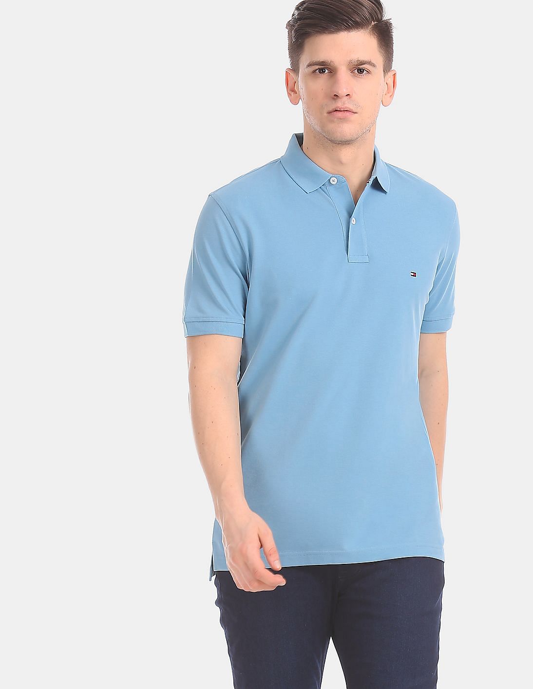 Buy Tommy Hilfiger Men Men Blue Short Sleeve Solid Pique Polo Shirt ...