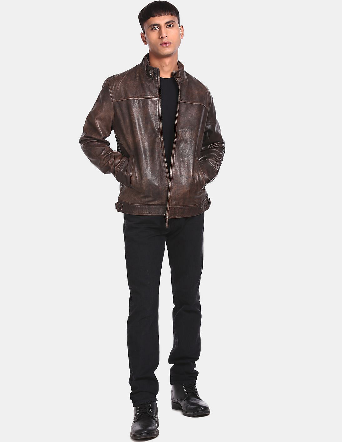 Buy Arrow Newyork Men Brown High Neck Solid Leather Jacket - NNNOW.com