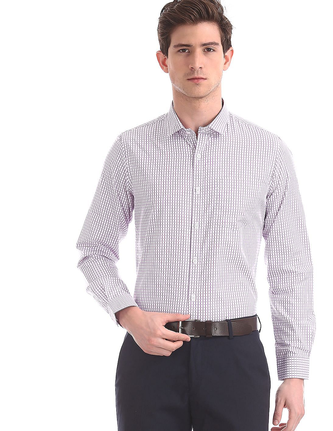 Buy Excalibur by Unlimited Purple Mitered Cuff Check Shirt - NNNOW.com