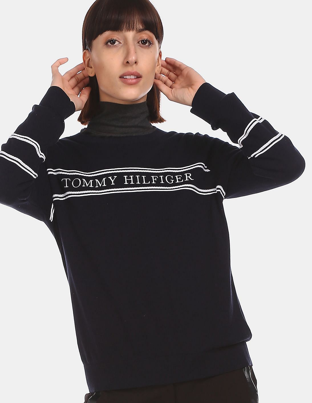 Buy Tommy Hilfiger Women Navy Crew Neck Logo Embroidered Sweater