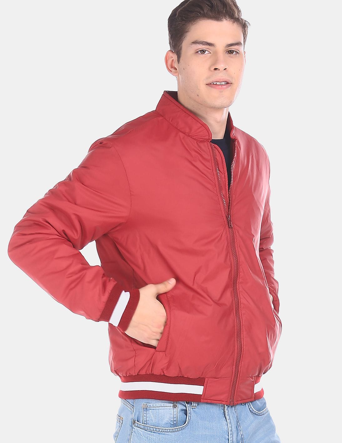 Buy Colt Men Red Stand Collar ZipUp Bomber Jacket