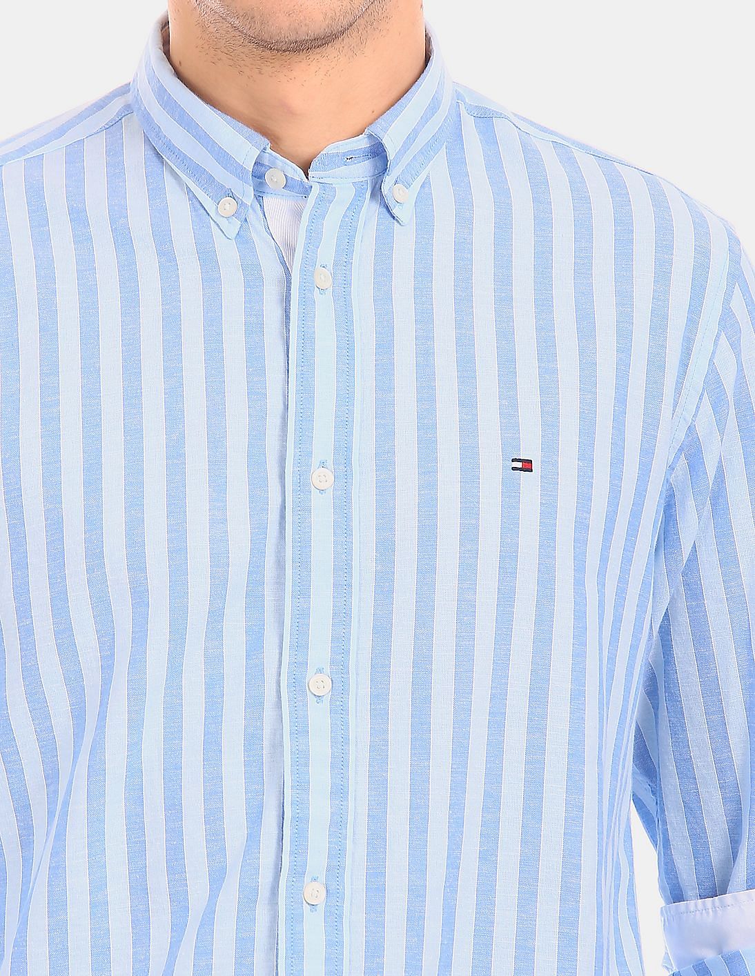 blue and white striped tommy hilfiger shirt