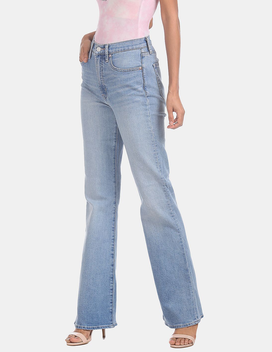 blue high waisted flared jeans