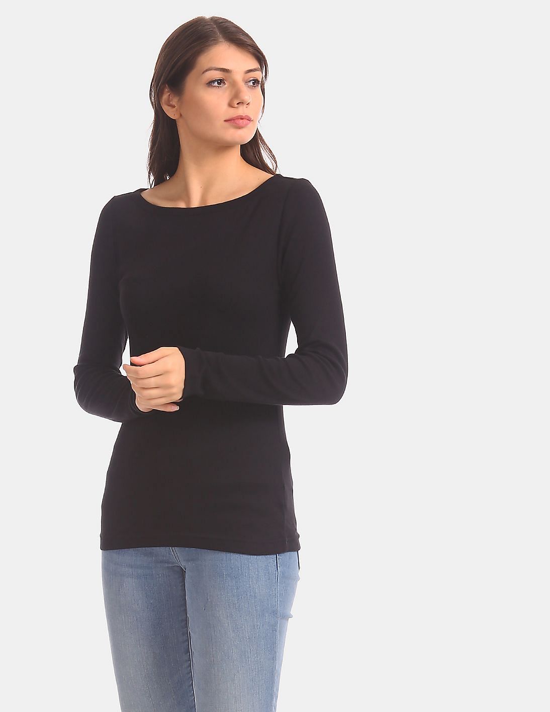 black crew neck long sleeve shirts women's