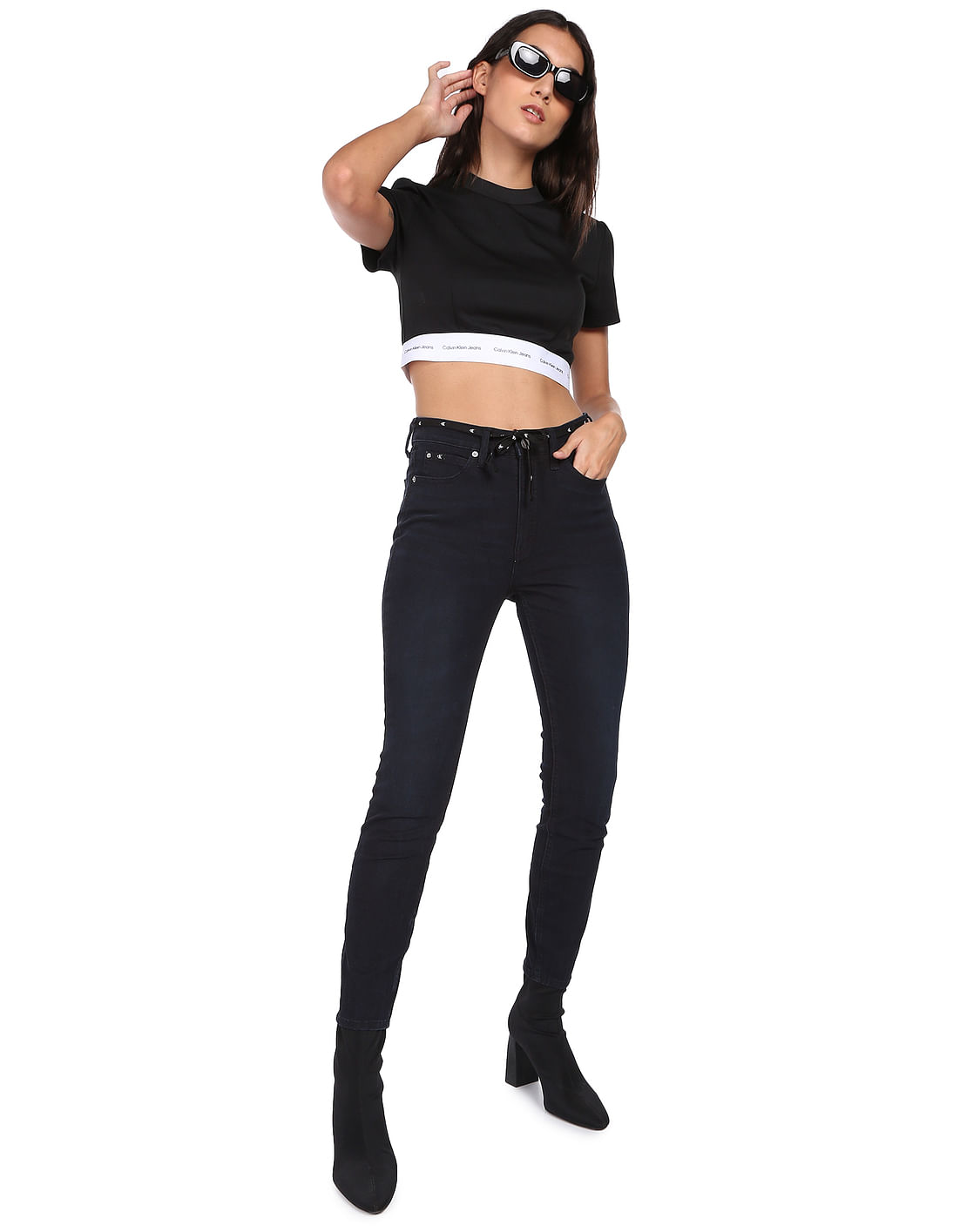 Buy Calvin Klein Women Black Short Sleeve Brand Tape Crop T
