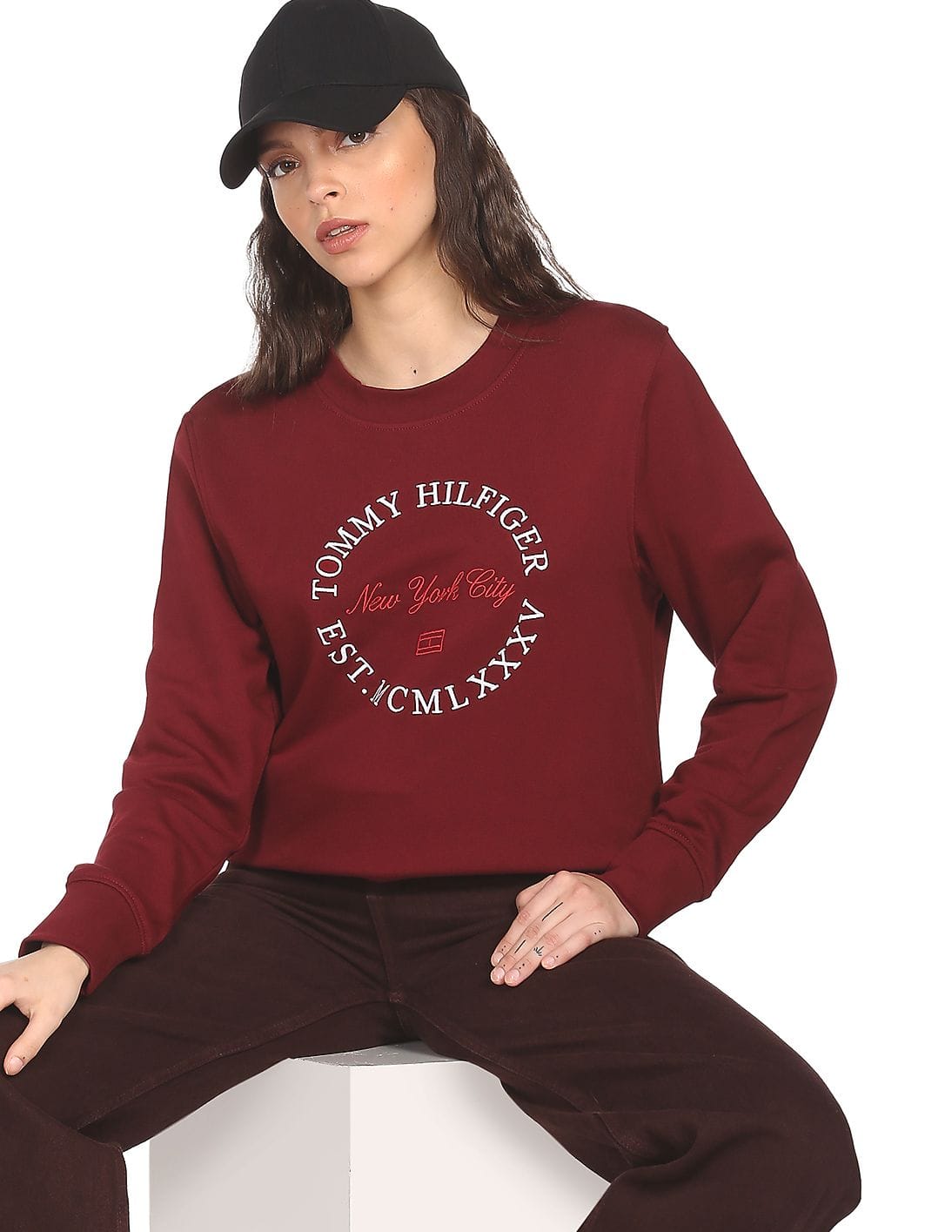 Buy Tommy Hilfiger Women Maroon Crew 
