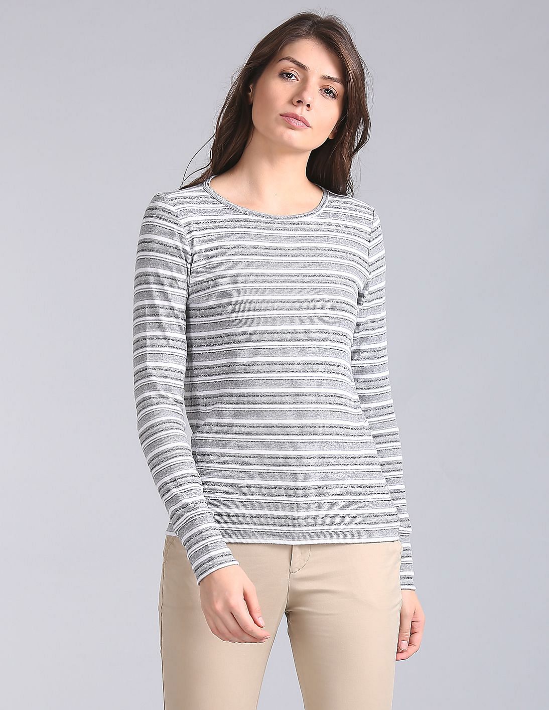 Buy GAP Women Grey Feather Weight Ribbed Stripe Long Sleeve Crew Neck T-Shirt - NNNOW.com