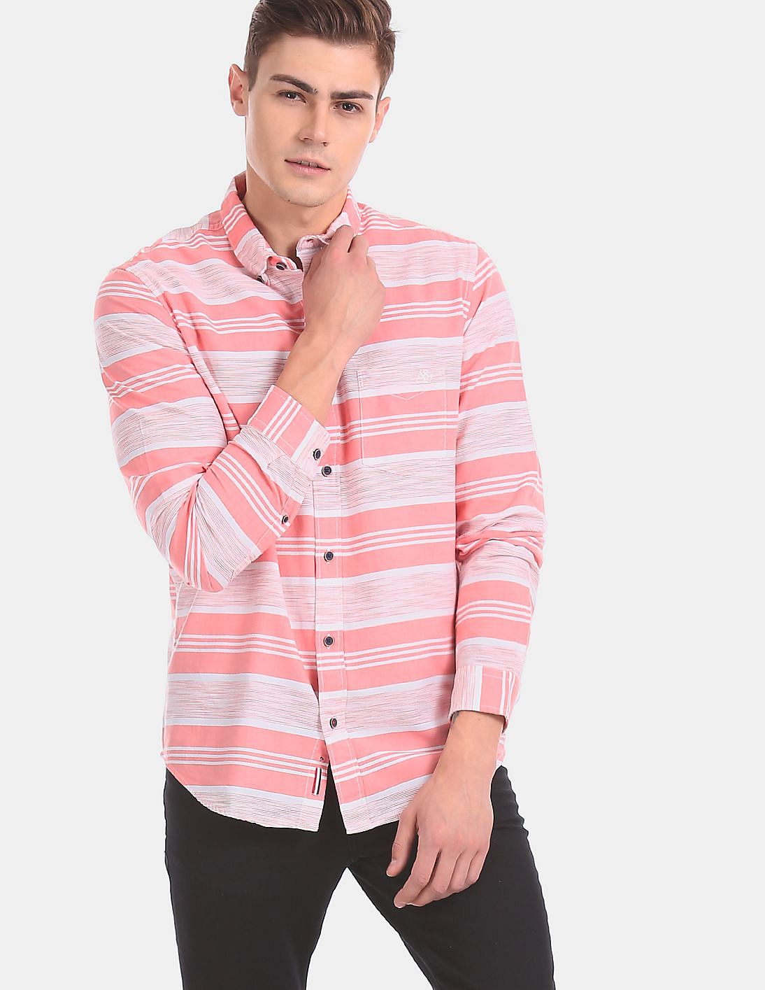 Buy Aeropostale Men Pink Button Down Collar Horizontal Stripe Casual ...