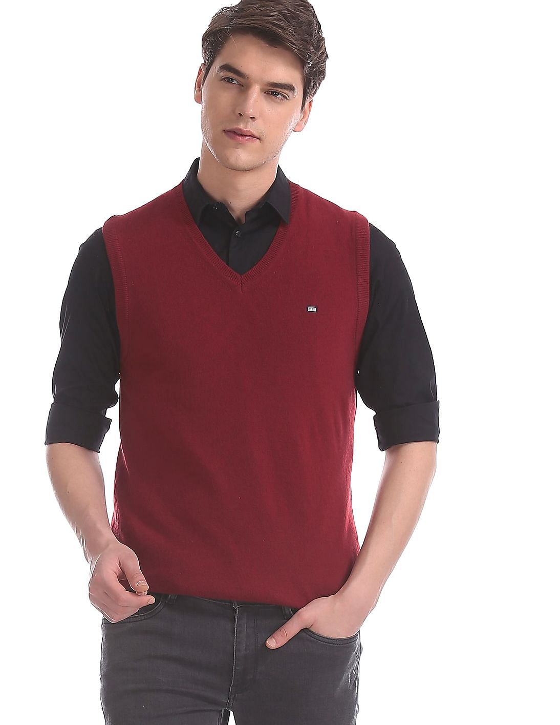 Buy Arrow Sports Men Red V Neck Sleeveless Sweater NNNOW