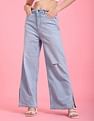 Flying Machine Women High Rise Distressed Split Hem Wide Leg Jeans