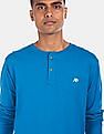 Aeropostale Men Blue Long Sleeve Cotton Solid Henley T-Shirt