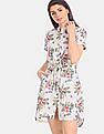 U.S. Polo Assn. Women White Mandarin Neck Floral Print Shirt Dress