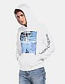 Calvin Klein Men White Wave Photoprint Logo Print Hood Sweatshirt
