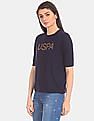 U.S. Polo Assn. Women Blue Brand Embellished Round Neck T-Shirt